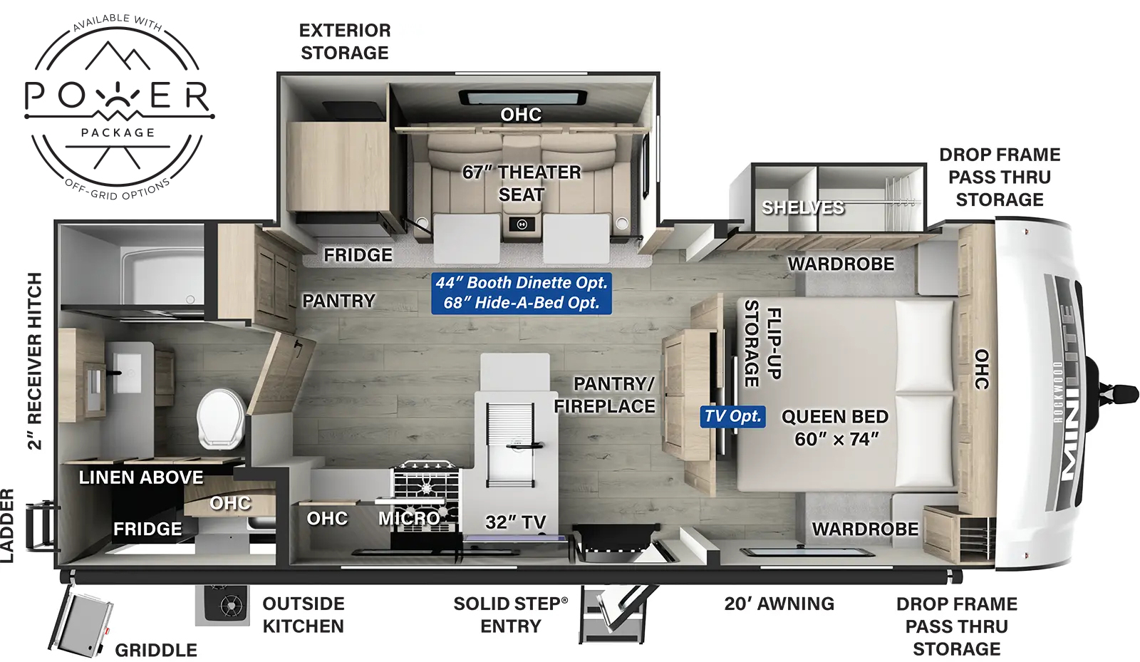 The Rockwood Mini Lite 2513S floorplan has one entry and two slide outs. Exterior features include: fiberglass exterior, 20' awning and outside kitchen. Interiors features include: front bedroom.